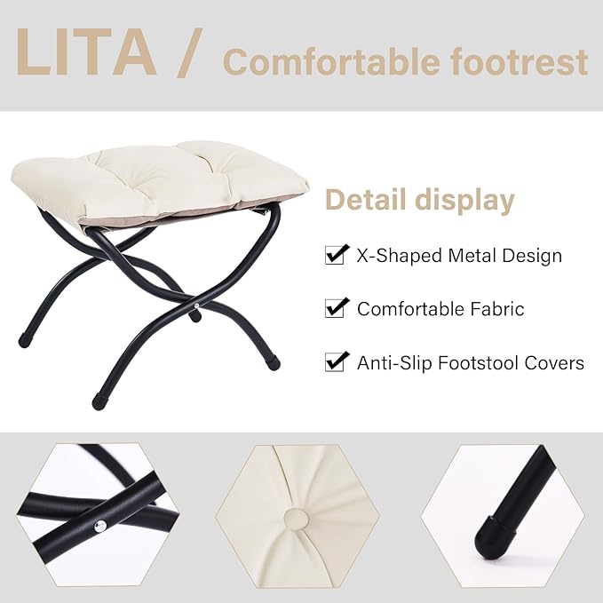 LITA 2 Pcs Folding Upholstered Footrest Stool, Modern Small Portable Accent Ottoman with Detachable Thick Cotton Cushion, Padded Sofa Stool with Metal Frame, Living Room & Bedroom,Velvet Beige