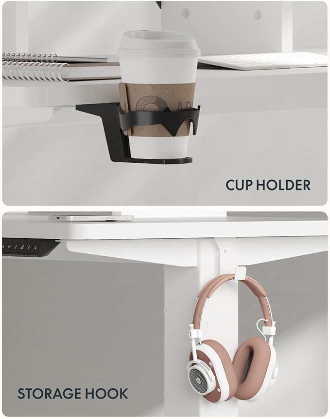 FLEXISPOT 71 x 32 Inch Large Standing Desk, Stand Up Desk with Splice Board, Rising Desks for Home Office, Office Desk with Cup Holder and Headphone Hook (White Frame + White Top, 2 Packages)