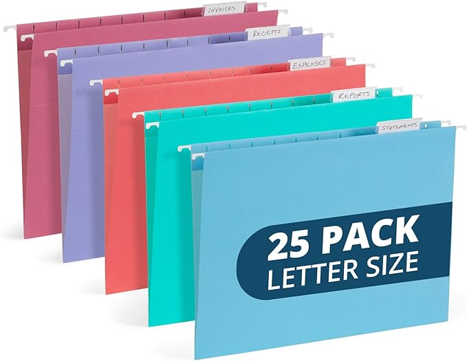 25 Blue Summit Supplies Pretty Hanging File Folders, Pastel Gem Tone Assorted Colors, Cute Hanging File Folders with Plastic Tab Inserts, Holds Letter Size Documents
