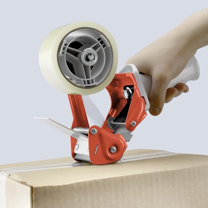 Heavy Duty Metal Frame Orange Packing Tape Dispenser 3 Inch Core with Special Ergonomic Handle, Tape Gun for Packing Boxes with Premium Tempered Steel Blade - for 3 inch Wide Roll