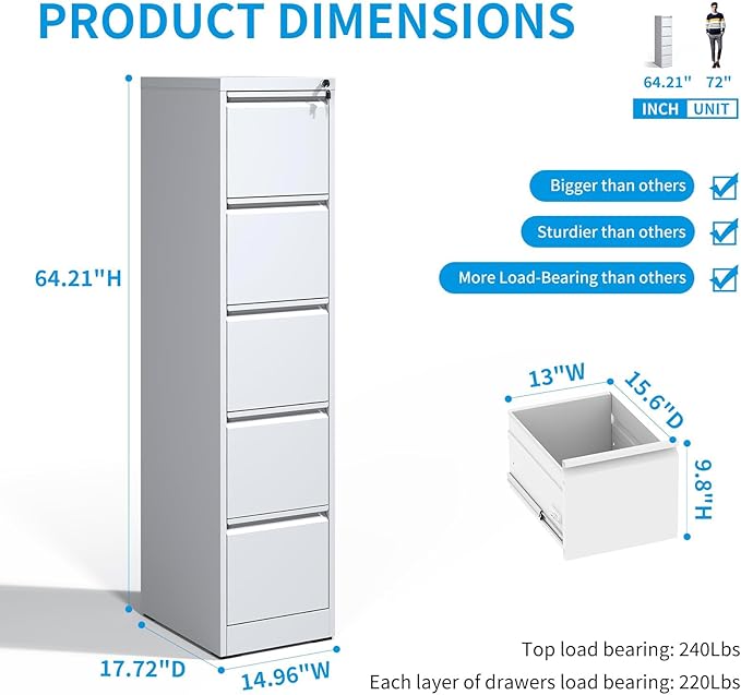 Metal File Cabinet 5 Drawers, Vertical Filing Cabinet for Home Office, File Cabinets with Lock for Legal/Letter Size Hanging File Folders, (White)
