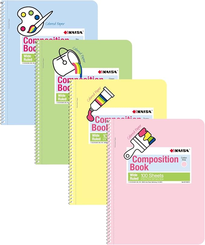 KAISA Colored Paper Spiral Notebook, Wide Ruled 7-1/2"x 9-3/4" Wirebound 1 Subject Notebooks, 100 Sheet/pad 4Pads/Pack, SC10001W