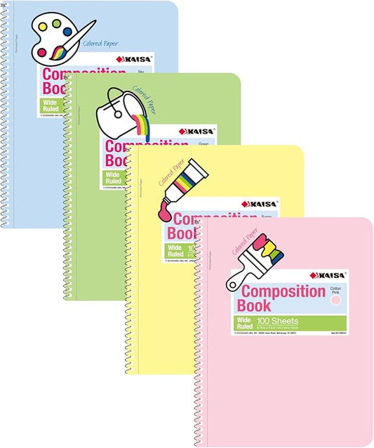 KAISA Colored Paper Spiral Notebook, Wide Ruled 7-1/2"x 9-3/4" Wirebound 1 Subject Notebooks, 100 Sheet/pad 4Pads/Pack, SC10001W