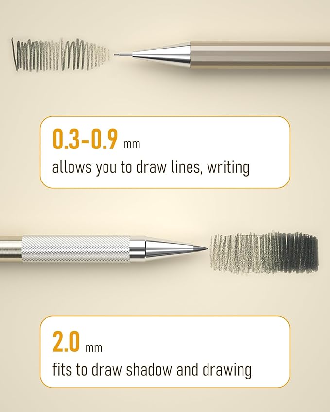 Nicpro 5 PCS Art Mechanical Pencils Set, Metal Drafting Pencil 0.3 & 0.5 & 0.7 & 0.9 & 2mm Graphite Lead Holder(4B 2B HB 2H Colored) for Sketching Drawing With Lead Refills Eraser Case