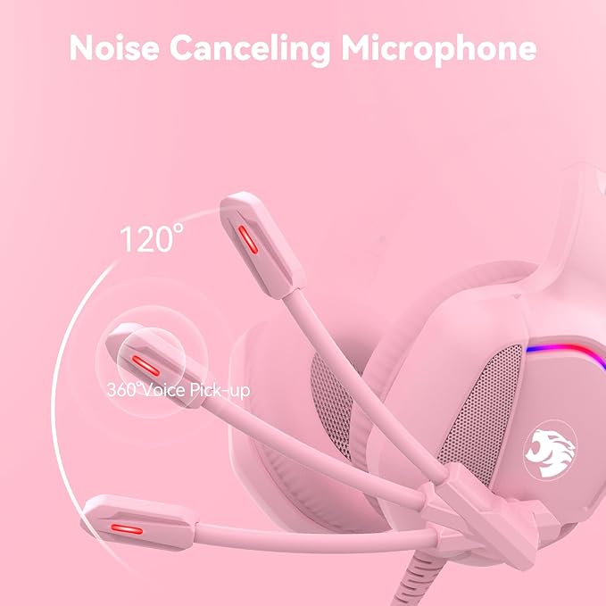 Gaming Headset with Microphone for Pc, Xbox One Series X/s, Ps4, Ps5, Switch, Stereo Wired Noise Cancelling Over-Ear Headphones with Mic, RGB, for Computer, Laptop, Mac, Nintendo, Gamer (Pink)