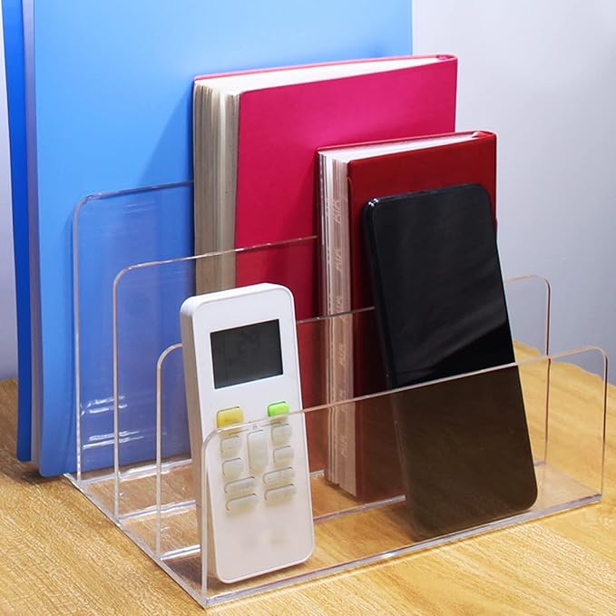 Acrylic File Organizer, 4Sections Clear Desk Organizer for Home Office, Desktop File Folder, Acrylic Mail Organizer Countertop for Notebook, Document and Paper, Clear File Holder,1Pcs