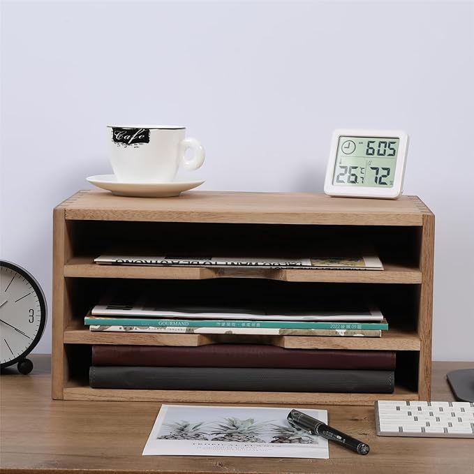 3-Tier Paper Storage Letter Tray File Sorter - Wood Desktop Document Organizer Holders with Mail Sorter, School & Home Magazine File Dividers, Book Rack Shelf Stand for HD-SJ3K (Light)