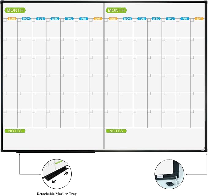 JILoffice Magnetic Dry Erase Calendar Whiteboard, 2 Month White Board Planner 48 X 36 Inch, Black Aluminum Frame Wall Mounted Board for Office Home and School