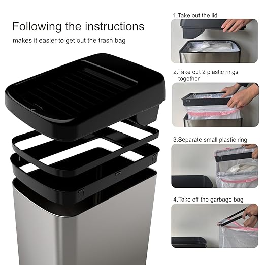 ELLO&ALLO 13 Gallon Kitchen Trash Can with Roll Up Lid, Automatic Touchless Motion Sensor Rectangular Trash Can with Wheels, Brushed Stainless Steel Finish