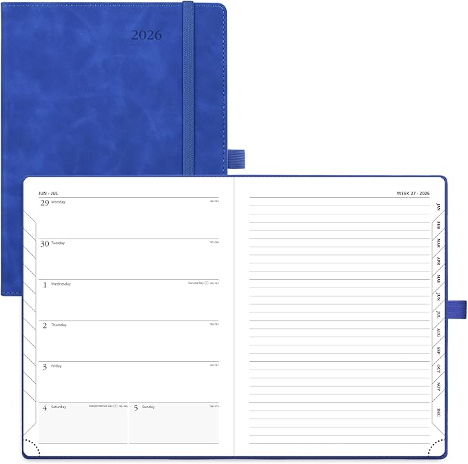 POPRUN Weekly Planner 2026 (Medium 6.5" x 8.5") Calendar 12 Months Notebook with Horizontal Layout, Leather Soft Cover, Monthly Tabs, Inner Pocket, 100GSM Thick Paper, Pen Holder - Royal Blue