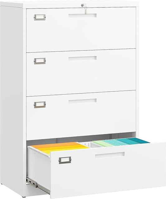SISESOL 4 Drawer Lateral File Cabinet with Lock,White Lateral Filing Cabinet,Horizontal Metal Filing Cabinets,Locked Wide Four Drawer File Cabinets for Office Home,Fit A4/F4/Letter/Legal File