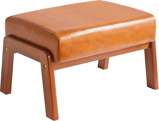 IBUYKE 10.2” H Small Foot Stool Ottoman, Rectangle PU Faux Leather Foot Rest with Padded Seat and Wood Legs, Modern Ottoman Foot Rest for Living Room Bedroom Couch Office, Yellowish-Brown WBD013J