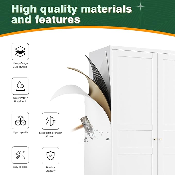 Letaya Wardrobe Closet,72" H Clothing Metal Storage Cabinet with Storage Drawer Adjustable Shelves and Hanging Rod,Bedroom Armoire Cabinet Clothes Organizer (White)