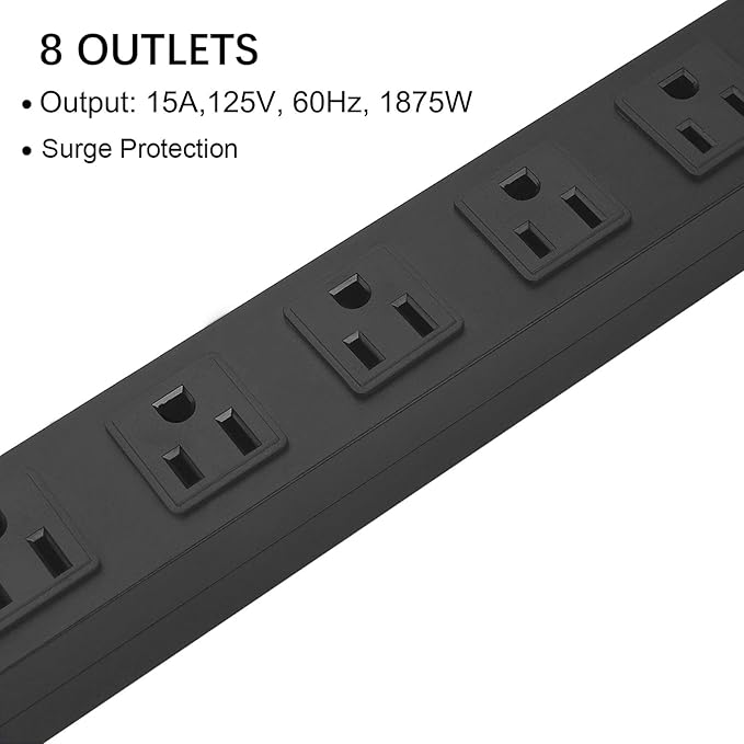 2Pack Metal 8 Outlet Mountable Power Strip, Wall Mount Outlet Heavy Duty, Wide Spaced Commercial Shop Power Strip with Switch, 15 FT SJT 14AWG Power Cord.