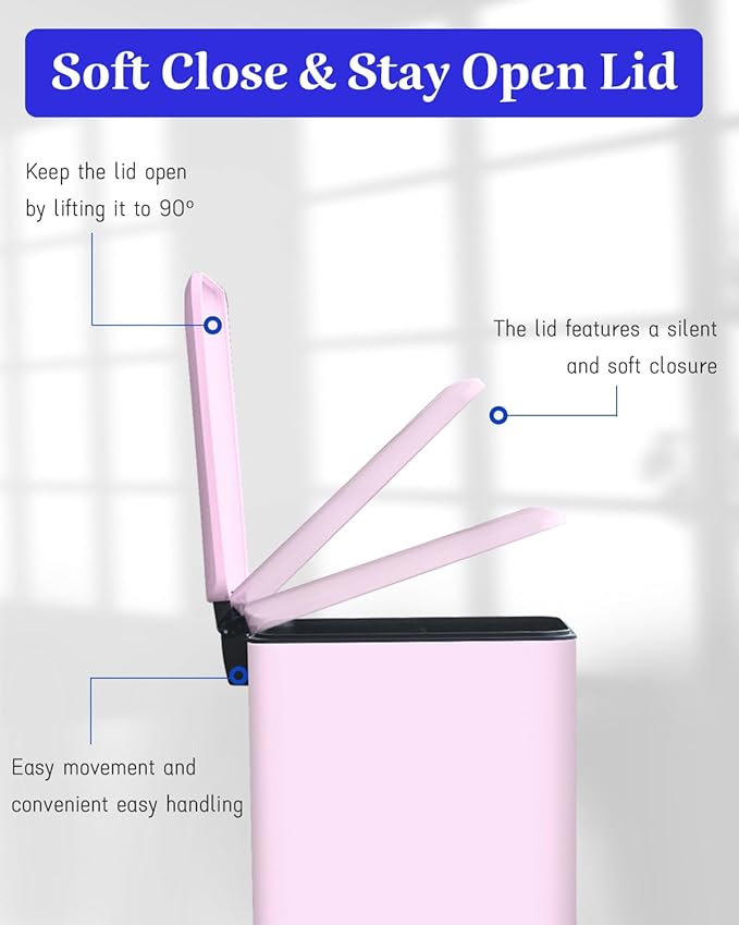 JM.YIPENG 17L Rubbish Bin, Pedal Bin with Lid and Foot Pedal with Inner Bucket, Rectangular Pedal Bin for Living Room, Office, Pink