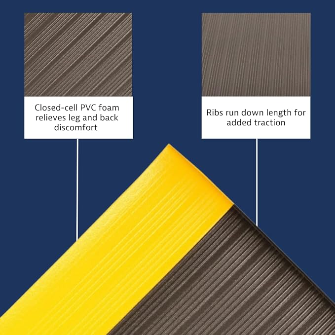 Notrax 410 Airug® 2' x 3' x 3/8" Anti Fatigue Mat, Enhanced Slip Resistance with Beveled Edges and Ribbed Surface, Ideal for Industrial and Commercial Workplaces, Black/Yellow, 410S0323BY