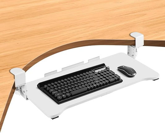 VUSIGN Keyboard Tray Under Desk Height Adjustable,Pull Out with Adjustable C Clamp Mount System for L-Shaped Tables, Extra Sturdy, 26.4” x 11.8” Slide-Out Platform Computer Drawer for Typing,White