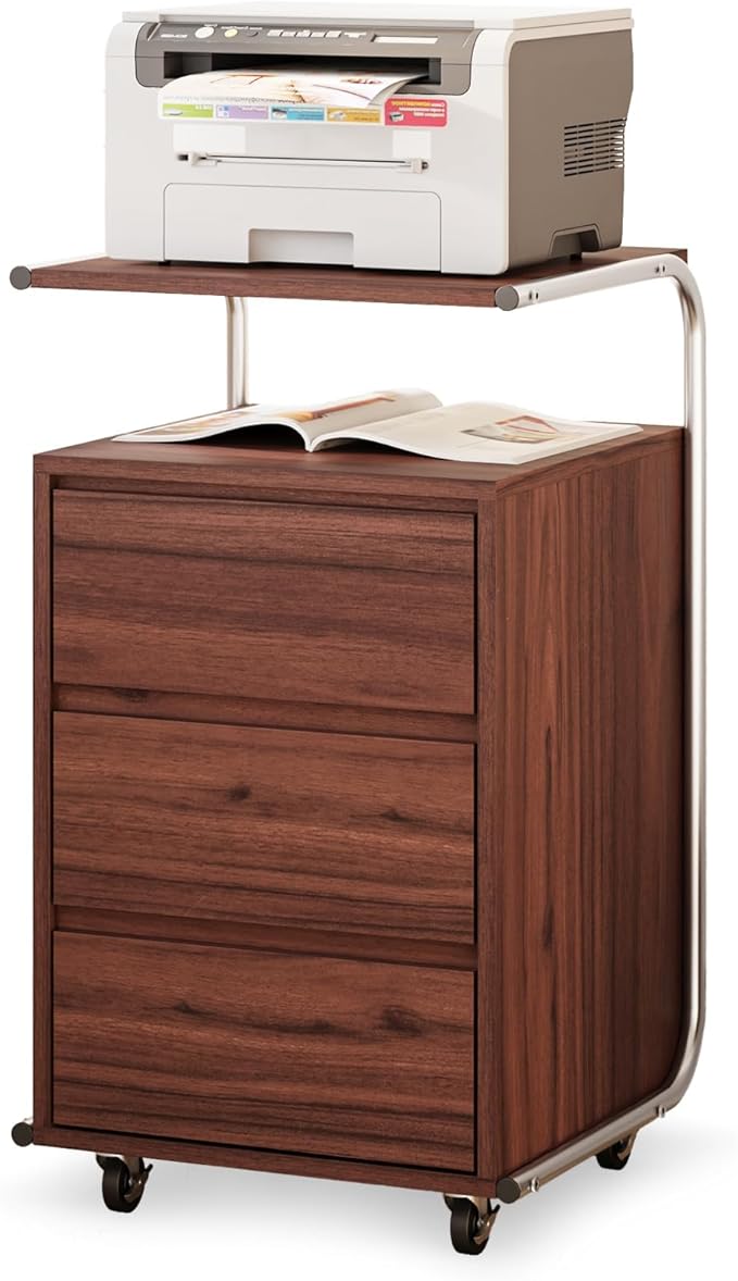 JOMEED 3 Drawer File Cabinet with Extended Desktop Lockable Wheels Under/Beside Desk Storage and Organizer Cabinet for Home Office, Small Rolling File Chest, Printer Stand, Modern Style, Walnut, Large