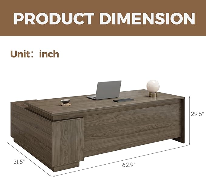 L-Shaped Executive Desk with Reversible Cabinets, Lockable Drawers & Cable Management – Large Wood Office Desk for Home or CEO Office(Black Walnut,63" L*32" W*30" H)