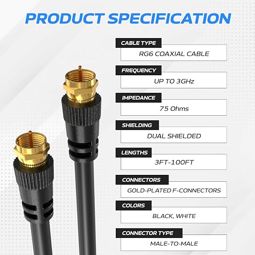 Cables Direct Online Pack of 5 x Coaxial Cables 75FT Black Coax RG6 Male F Type - Image 2