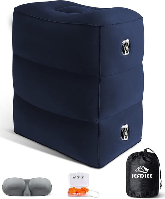 JefDiee Inflatable Travel Foot Rest Pillow, Kids Airplane Bed, Adjustable 3 Layers Height Leg Rest Pillow, Adults Travel Essentials Great for Airplane, Office, Home, Trains, Cars (Blue)