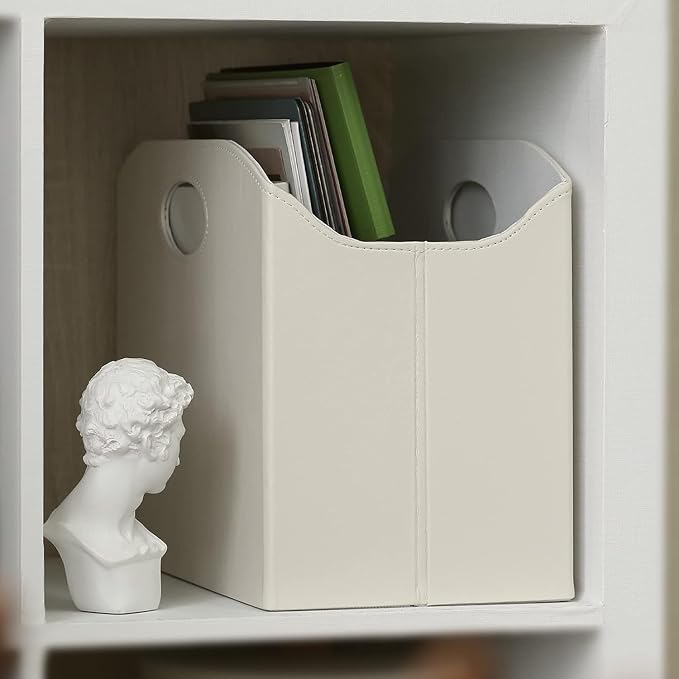EZDeco Magazine Holder Foldable Magazine Rack Floor PU Leather File Holder Newspaper Book Storage Basket Document File Folder Organizer for Office Home (Off-white-2)