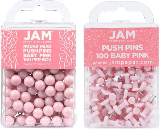 JAM PAPER Colorful Push Pins - Flat & Round Head Thumb Tack Combo Set - Baby Pink Pushpins - 200/Pack