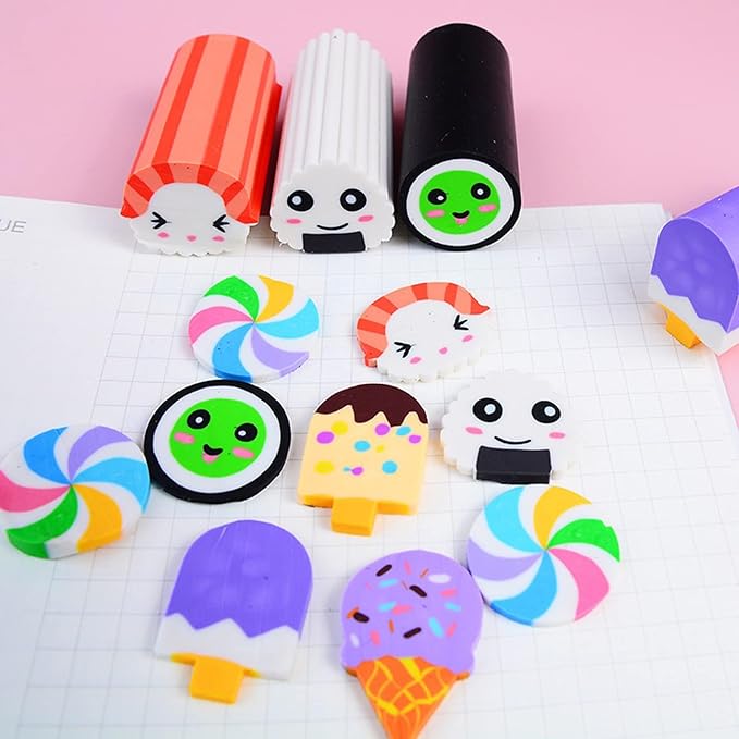Food Erasers 12 Pack Sushi Desserts Desk Pet Erasers for Kids Cute Fun School Supplies Prize Gifts Party Favors