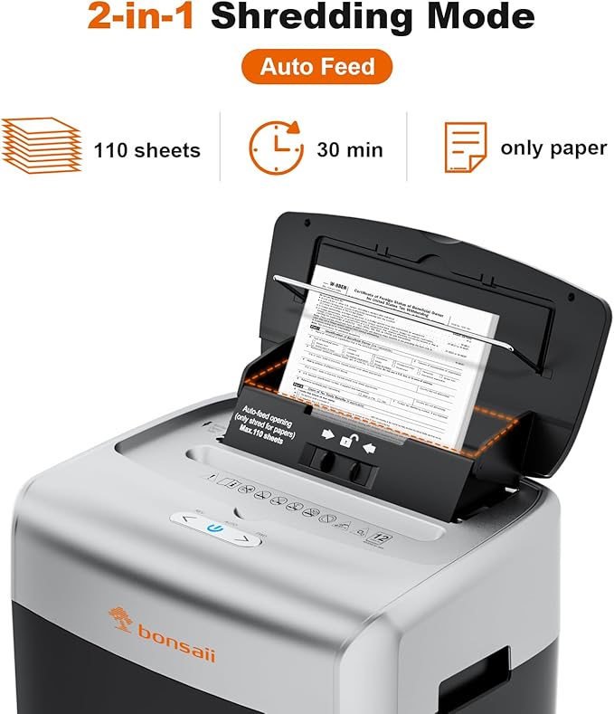Bonsaii Paper Shredder for Office, 110-Sheet Autofeed Heavy Duty Shredder for Home Office Use, 30 Minutes/Micro Cut/P-4 High Security Level/6 Gallon Large Bin