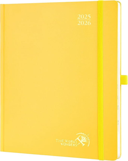 POPRUN Planner 2025-2026, (Large 8.5'' x 10.5'' Hard Cover) Academic Calendar (July 25-June 26) Daily Weekly and Monthly Appointment Book with Hourly Time Slots, Monthly Tabs, 100 GSM - Light Yellow