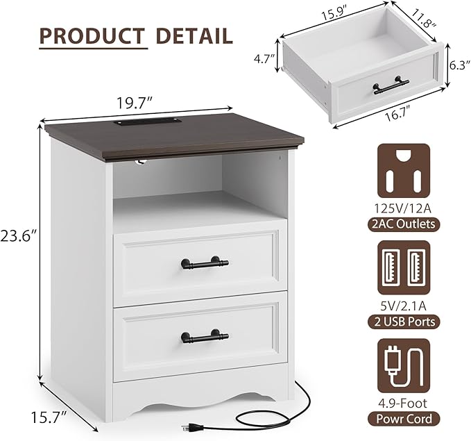 Nightstand with Charging Station, Farmhouse End Table with 2 Drawers Storage, Space-Saving Wood Storage Cabinet with Unique Base Design, Bedside Table for Bedroom, Living Room, White
