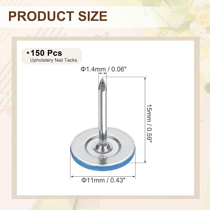 uxcell 150Pcs Upholstery Tacks, 11mmx15mm Flat Head Thumb Tack Decorative Furniture Nails Push Pins for Furniture Sofa Headboards, Blue