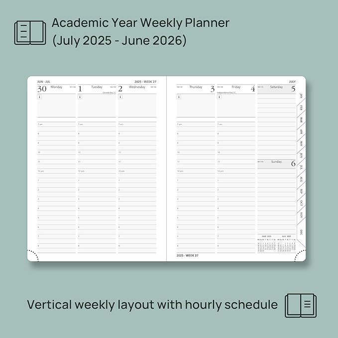 POPRUN Planner 2025-2026, (Medium 6.5'' x 8.5'' Hard Cover) Academic Calendar (July 25-June 26) Daily Weekly and Monthly Appointment Book with Hourly Time Slots, Monthly Tabs, 100 GSM - Light Pink