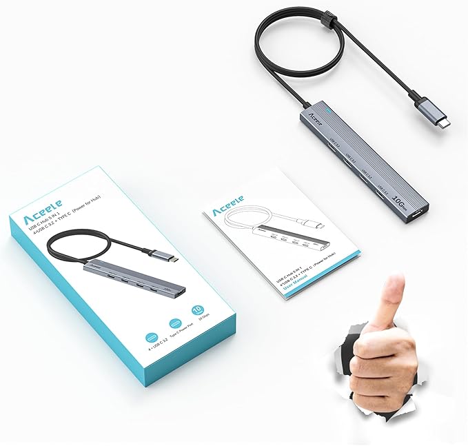 Aceele USB C Hub 10Gbps, 4 Port USB 3.2 Gen 2 Hub, USBC to USB-C Hub with Type-C Power Port, 2ft Extension Long Cable USBC Adapter Data Hub for MacBook Pro, MacBook, Samsung Chromebook, etc