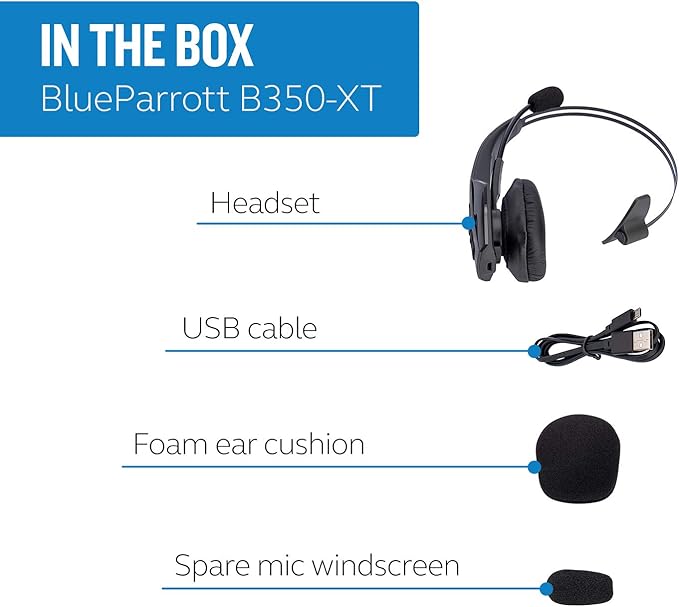 BlueParrott B350-XT Mono Bluetooth Wireless Headphones 96% Noise Canceling Over Head Trucker Headset with Mic, Adjustable Lightweight Headband, IP54-Rated Protection, 24 hrs. Talk Time, Black