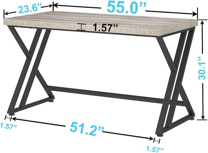 LVB Grey Computer Office Desk, Industrial Wood PC Gaming Gray Desk for Home Office, Modern Wooden Metal Study Work Bedroom Table, Farmhouse Executive Writing Desk with Storage, 55 Inch, Light Grey Oak