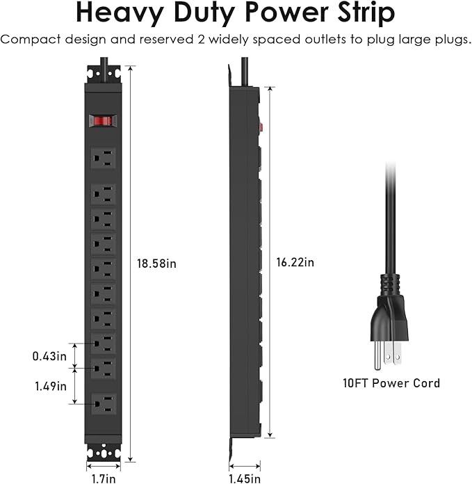 JUNNUJ Multi Angle Mount 10 Outlet Power Strip Heavy Duty, 2700J Surge Protector Under Desk with Switch 15A, Garage Workbench Power Strip Gaming Outlet Table Wall Mountable, 10FT 14AWG Extension Cord