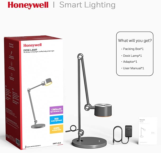 Honeywell LED Desk Lamp, 01A Sunturalux Desk Light for Home Office, 4000K Dimmable Eye Caring Natural Light Architect Lamp with Metal Swing Arm Lamp for Desk Craft Reading