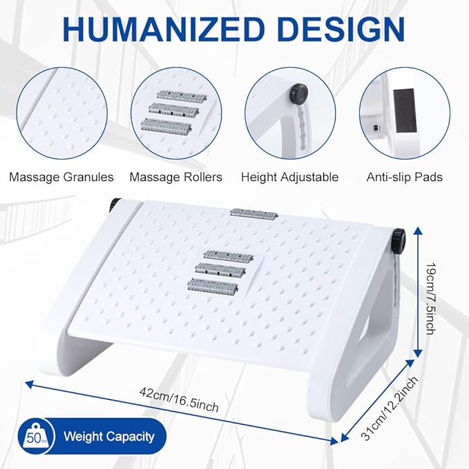 Foot Rest for Under Desk At Work - Six Heights Adjustable Under Desk Footrest - Ergonomic Foot Stools for Under Office Desks - Desks Foot Rest with Massage Rollers - Leg Rest for Chair (White)