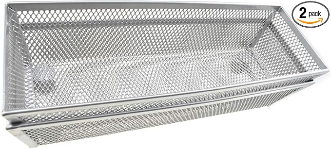 HAHIYO Stackable Mesh Tray Cup 9 x 3 x 2 inches Sturdy Container for Desk Drawer Organizer Collection for Home Office School kitchen Soft Foam Feet No Sharp Edges 2 Pack Silver