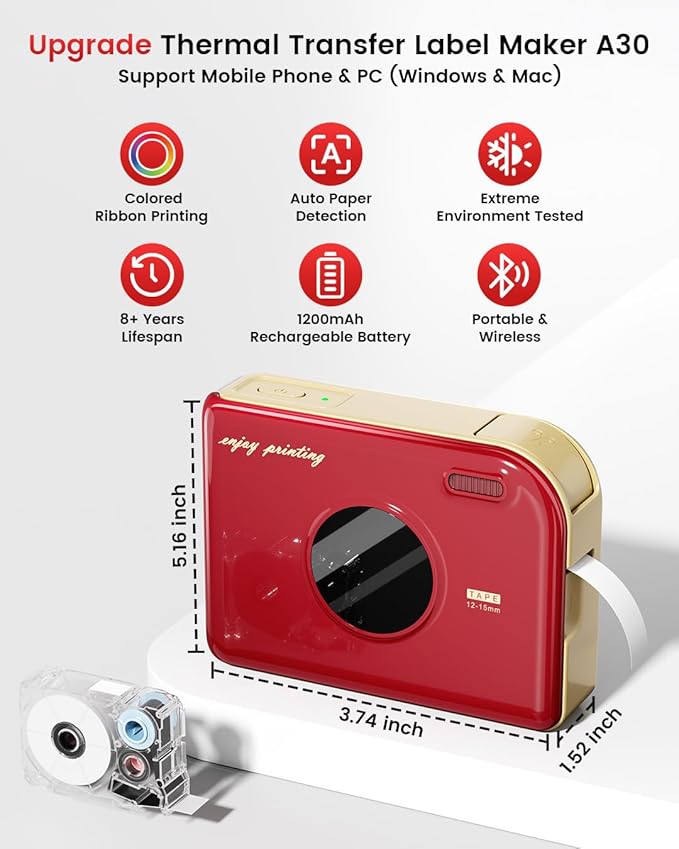 Phomemo A30 Label Maker, Mini Bluetooth Label Printer Thermal Transfer Printing Sticker Printer for Home Office Small Business School Students, Portable Label Maker, Works with Tablet, Phones & PC