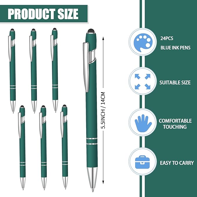 24 Pcs Blue Ink Ballpoint Pen with Stylus Tip 2 in 1 Ballpoint Pen 1.0 mm Blue Ink Metal Stylus Pen for Touch Screens Coworkers, Family, Colleagues, Office (Dark Green)