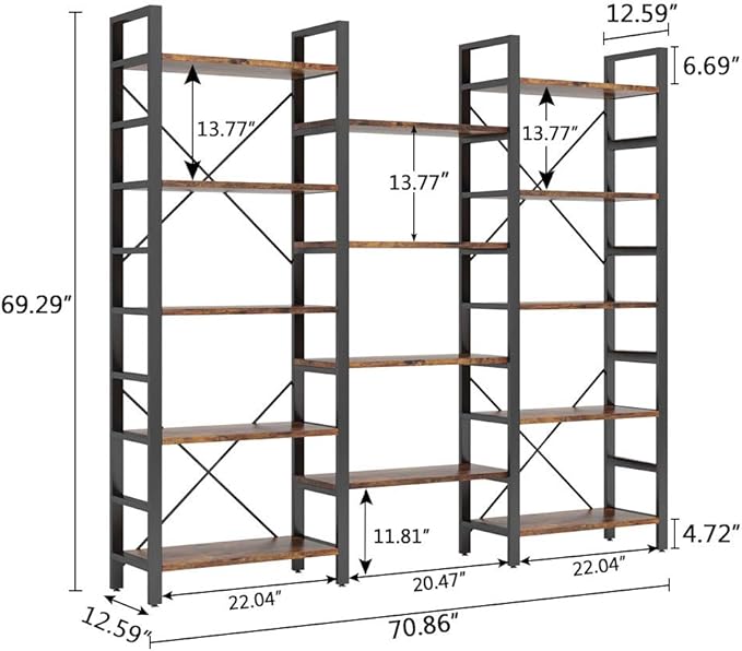 Tribesigns Triple Wide 5-Shelf Bookcase, Etagere Large Open Bookshelf Vintage Industrial Style Shelves Wood and Metal bookcases Furniture for Home & Office, 70 inch