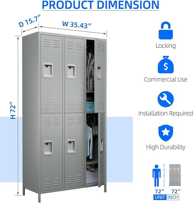 6 Doors Metal Lockers for Employees with Lock,Metal Storage Locker for Employees with 18 Hooks for School,Office, Gym,Home,Assembly Required,6 Doors Light Grey