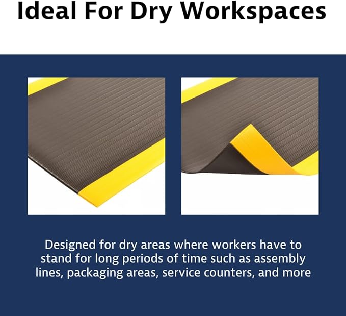Notrax 410 Airug® 2' x 60' x 3/8" Anti Fatigue Mat, Enhanced Slip Resistance with Beveled Edges and Ribbed Surface, Ideal for Industrial and Commercial Workplaces, Black/Yellow, 410R0324BY