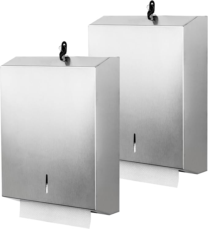 2 Packs Paper Towel Dispenser Wall Mount Commercial, Touchless Hand Towel Dispenser with Lock (Stainless Steel)