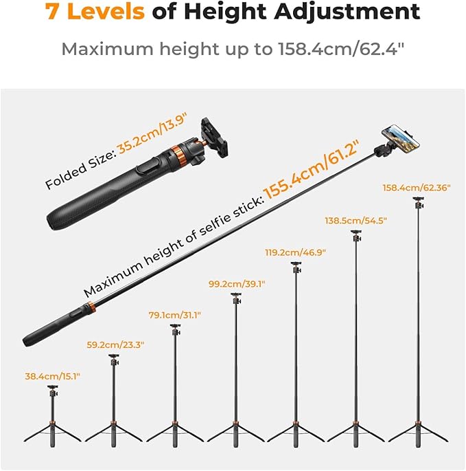 K&F CONCEPT MS08 62'' Phone Selfie Stick Tripod, 2-in-1 Extendable Cell Phone - Image 2