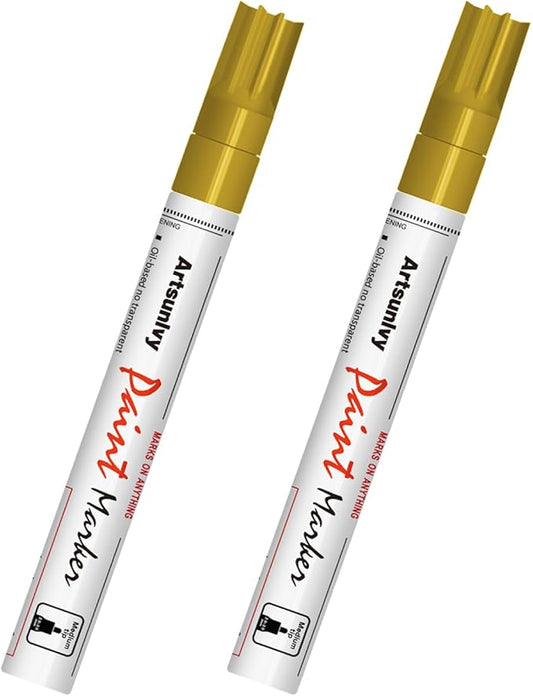 Gold Paint Pens Permanent Markers - 2 Pack Paint Markers for Metal, Rubber,Wood, Rocks, Canvas, Plastic, Dark Surface, Craft Art Supplies, Medium Tip, Quick Dry, Waterproof