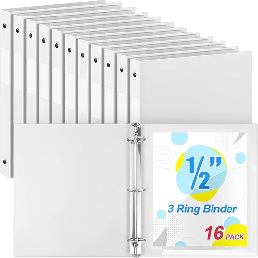 Henoyso 16 Pcs 3 Ring Binder 1/2'' Round Fits Letter Size 8. 5'' x 11'' Paper Plastic Flexible Binder Holds 100 Sheets with 1 Pockets Versatile Organizer for Office Home School (White)