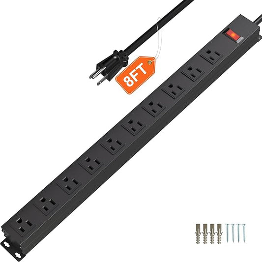 10 Outlet Metal Power Strip,8FT Long Extension Cord Heavy Duty for Kitchen,Office,School,Commercial,Workshop,Industrial,ETL Certified and Listed Socket,1825W/125V/15A,Black(8FT)